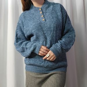 Vtg Haband Soft Blue Henley Sweater with wooden buttons, medium